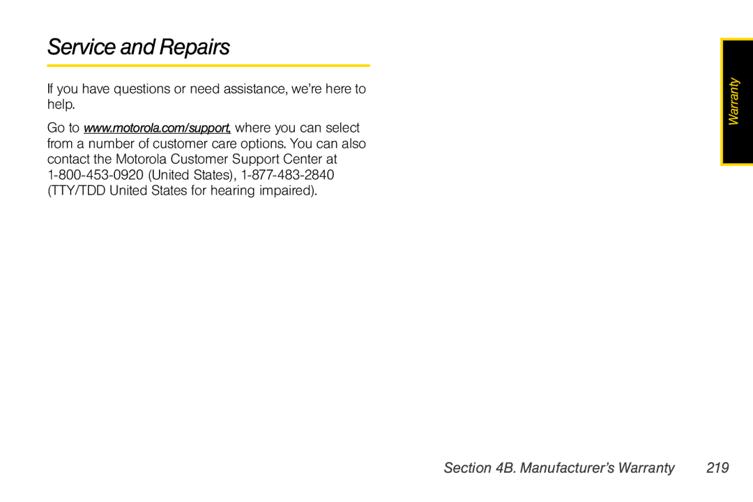 Nextel comm i365 manual Service and Repairs, Manufacturer’s Warranty 219 