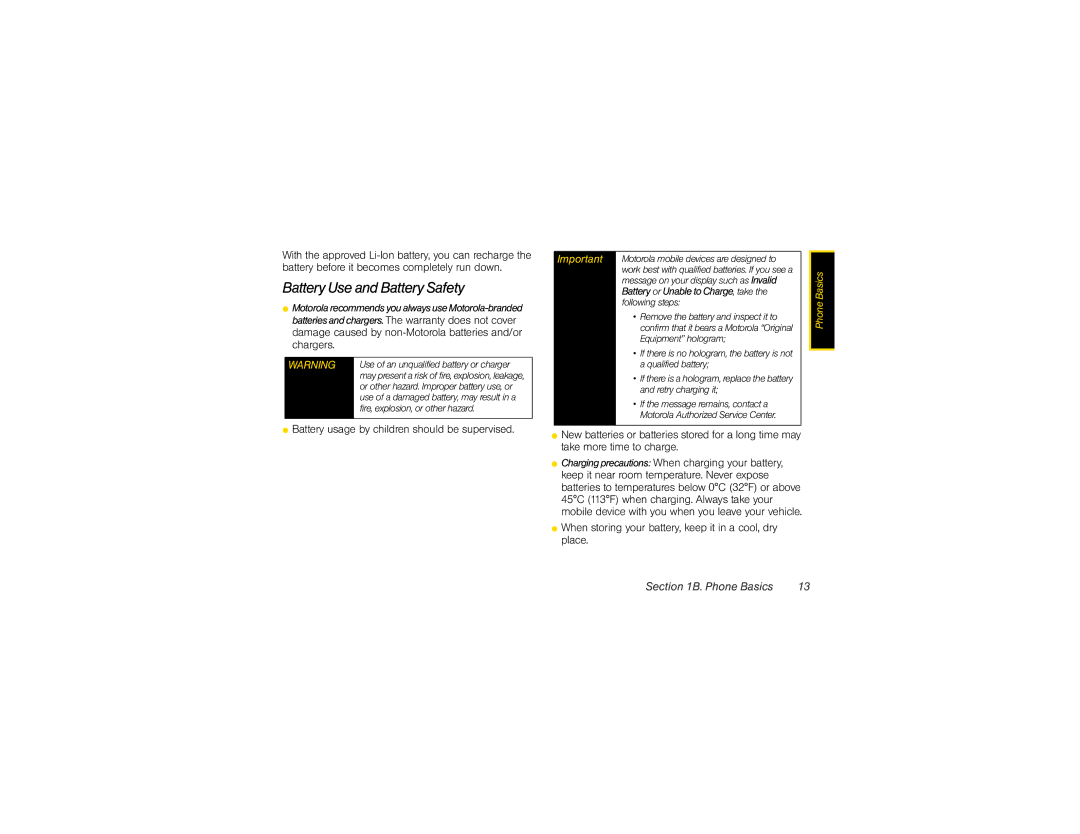 Nextel comm i365 manual Battery Use and Battery Safety,  Battery usage by children should be supervised 