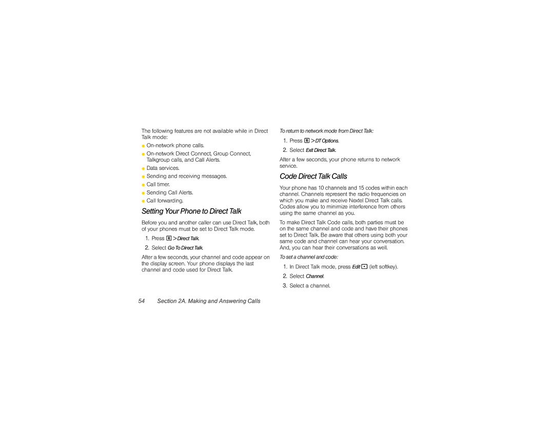 Nextel comm i365 manual Setting Your Phone to Direct Talk, Code Direct Talk Calls, Toreturntonetwork mode from DirectTalk 