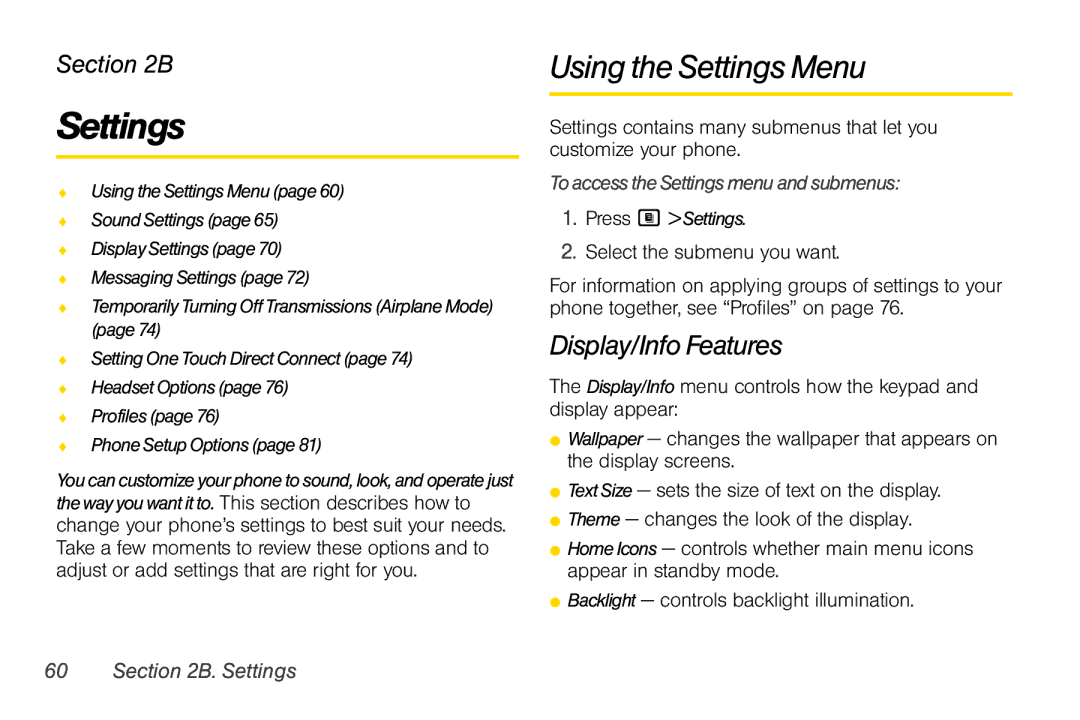 Nextel comm i365 Using the Settings Menu, Display/Info Features, ToaccesstheSettingsmenuandsubmenus, Press M Settings 