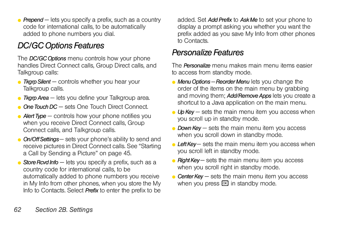 Nextel comm i365 manual DC/GC Options Features, Personalize Features 