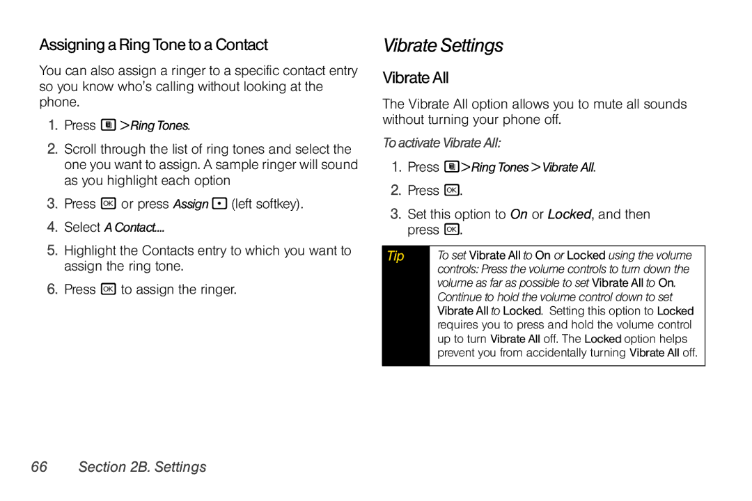 Nextel comm i365 manual Vibrate Settings, AssigningaRingTone to aContact, ToactivateVibrateAll 