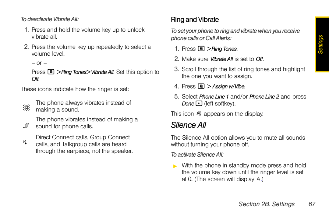 Nextel comm i365 manual Silence All, Ring andVibrate, TodeactivateVibrateAll, This icon Sappears on the display 