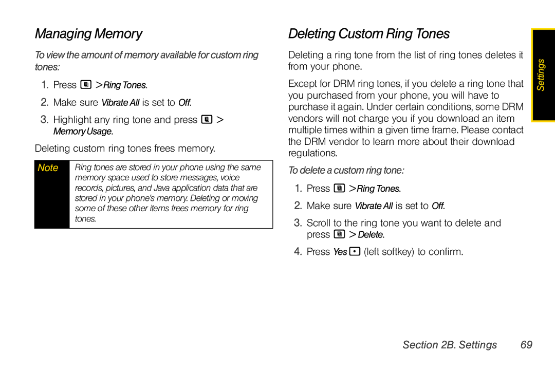 Nextel comm i365 Managing Memory, Deleting Custom Ring Tones, Make sure VibrateAll is set to Off, Todeleteacustomringtone 