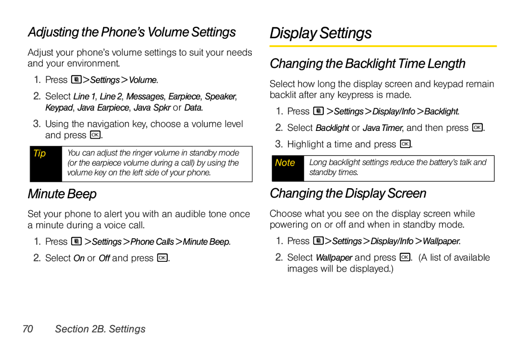 Nextel comm i365 Display Settings, Adjusting the Phone’s Volume Settings, Changing the Backlight Time Length, Minute Beep 