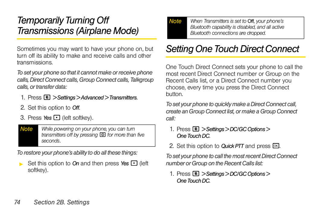 Nextel comm i365 manual Setting One Touch Direct Connect, Temporarily Turning Off Transmissions Airplane Mode 