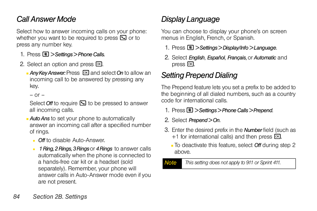 Nextel comm i365 manual Call Answer Mode, Display Language, Setting Prepend Dialing 