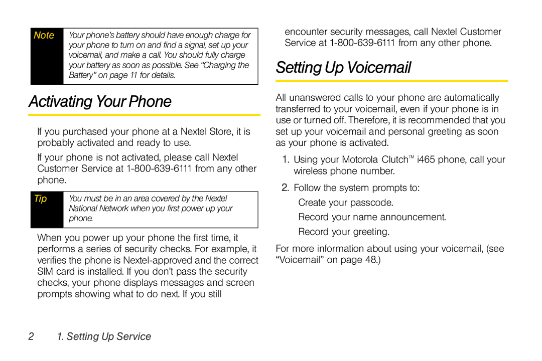 Nextel comm I465 manual Activating Your Phone, Setting Up Voicemail 