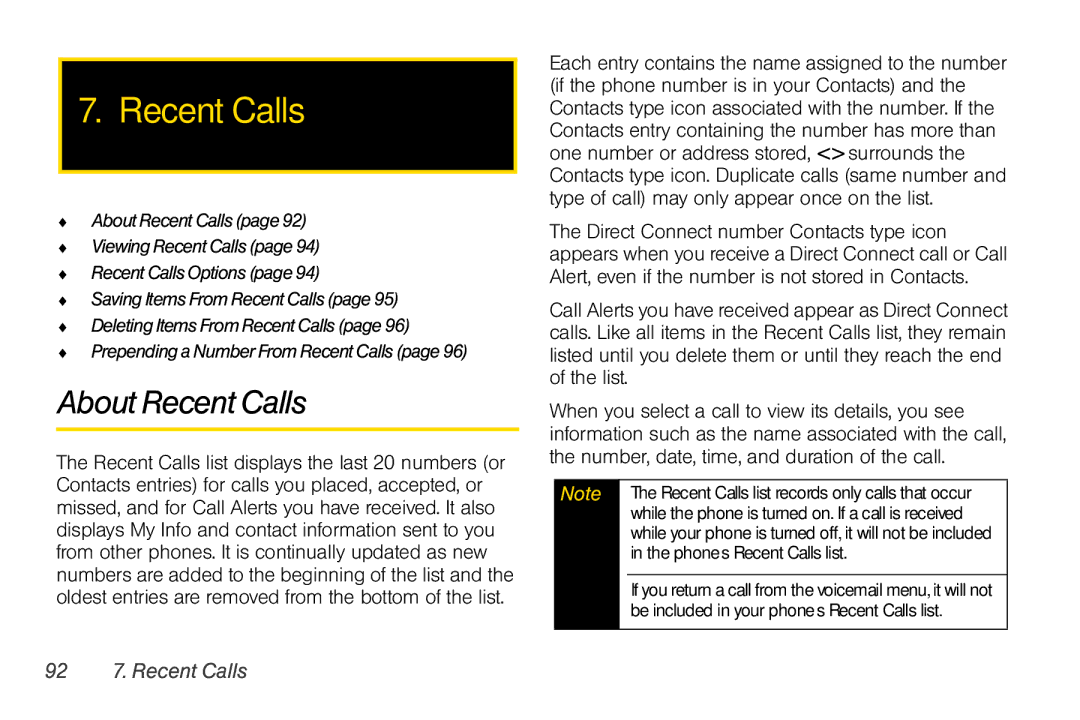 Nextel comm I465 manual About Recent Calls, 92 7. Recent Calls, Phone’s Recent Calls list 