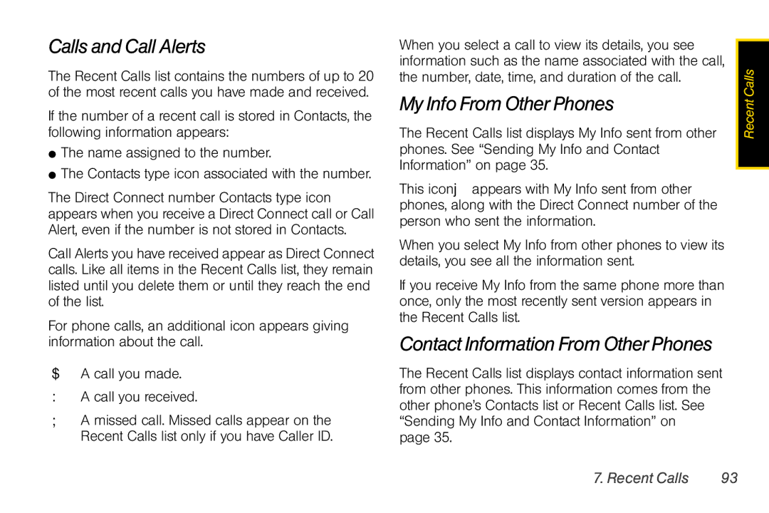 Nextel comm I465 manual Calls and Call Alerts, My Info From Other Phones, Recent Calls 