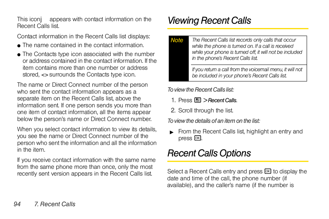 Nextel comm I465 Viewing Recent Calls, Recent Calls Options, ToviewtheRecentCallslist, Toviewthedetailsofanitemonthelist 