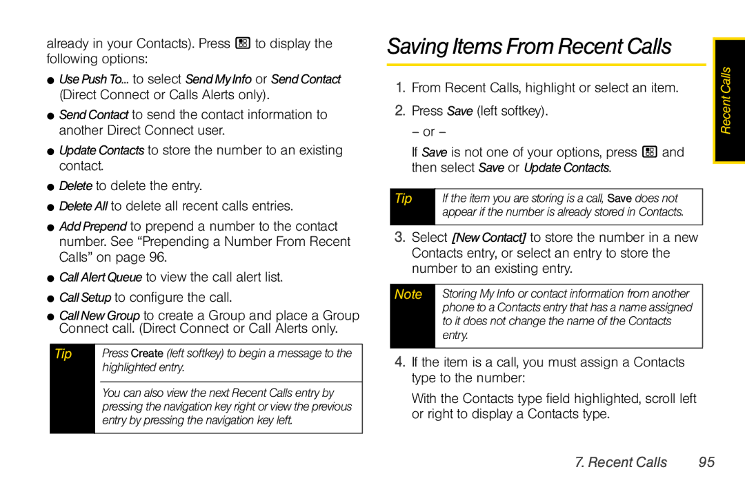 Nextel comm I465 manual Saving Items From Recent Calls, Highlighted entry, Entry by pressing the navigation key left 