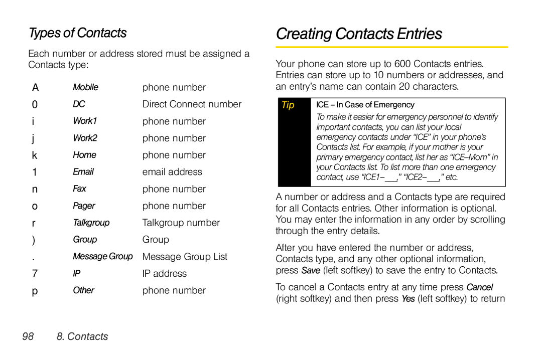 Nextel comm I465 manual Creating Contacts Entries, Types of Contacts, IP address, 98 8. Contacts 