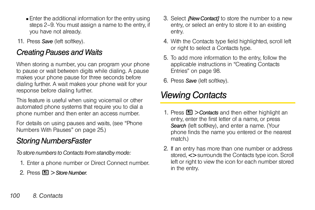 Nextel comm I465 manual Viewing Contacts, Creating Pauses and Waits, Storing NumbersFaster, 100 8. Contacts 