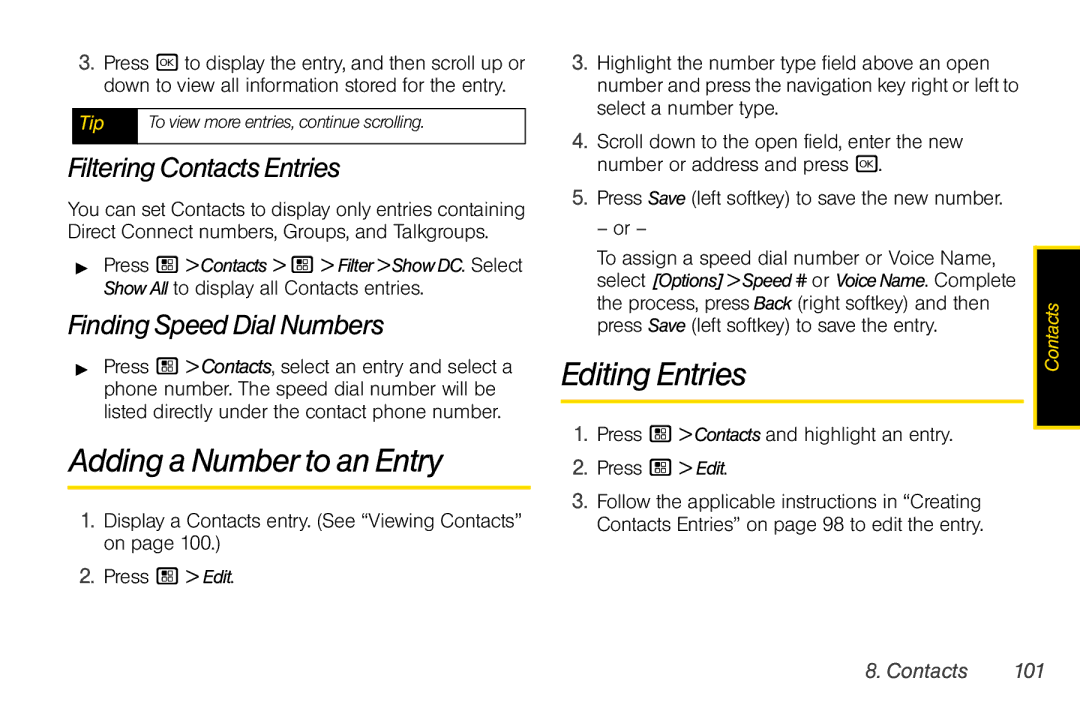 Nextel comm I465 Adding a Number to an Entry, Editing Entries, Filtering Contacts Entries, Finding Speed Dial Numbers 