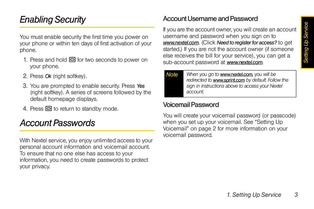 Nextel comm I465 manual Enabling Security, Account Passwords, Account Username and Password, Voicemail Password 