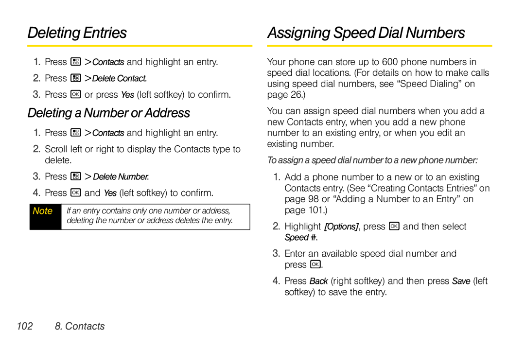 Nextel comm I465 manual Deleting Entries, Assigning Speed Dial Numbers, Deleting a Number or Address, 102 8. Contacts 