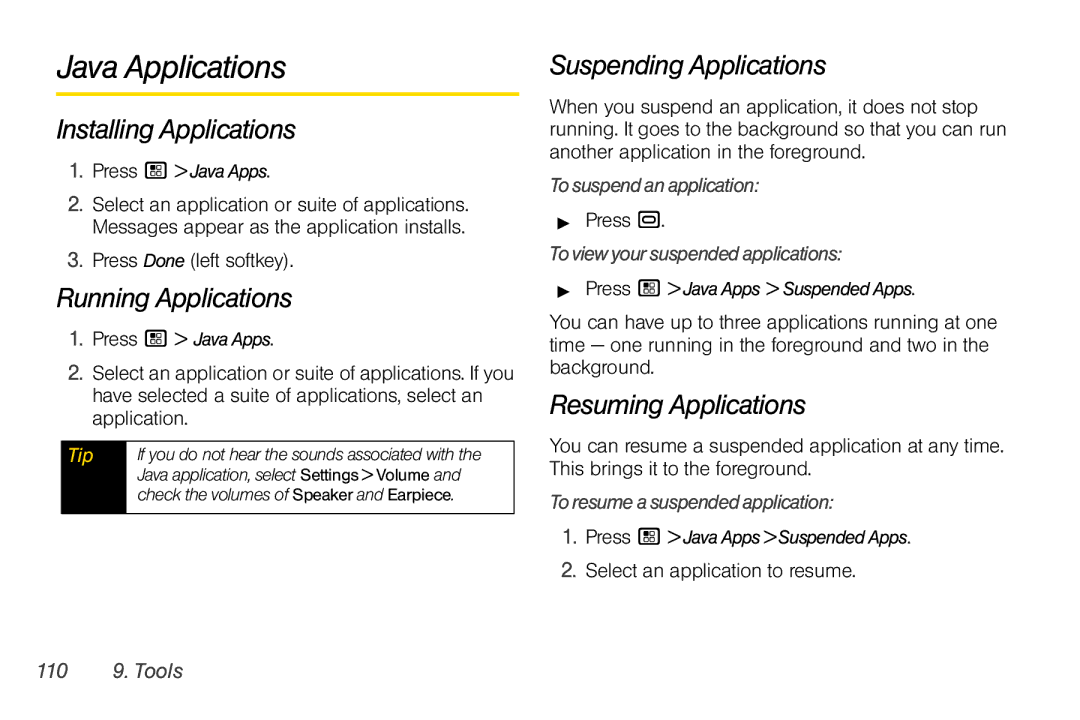 Nextel comm I465 manual Java Applications, Installing Applications, Running Applications, Suspending Applications 