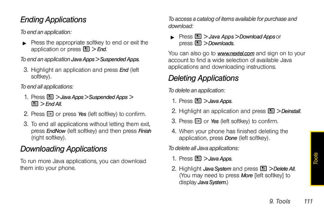 Nextel comm I465 manual Ending Applications, Downloading Applications, Deleting Applications 