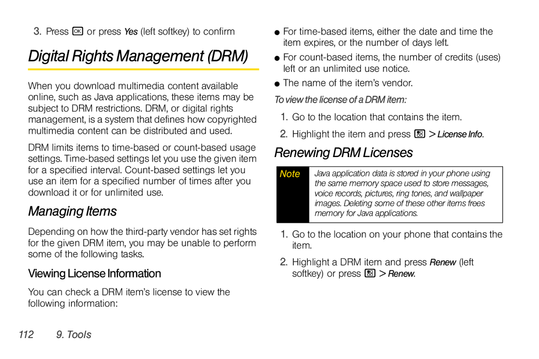 Nextel comm I465 manual Digital Rights Management DRM, Managing Items, Renewing DRM Licenses, Viewing License Information 