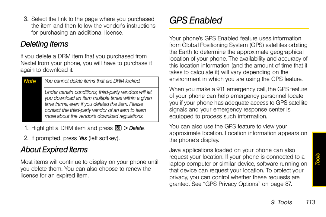 Nextel comm I465 manual GPS Enabled, Deleting Items, About Expired Items, Tools 113 