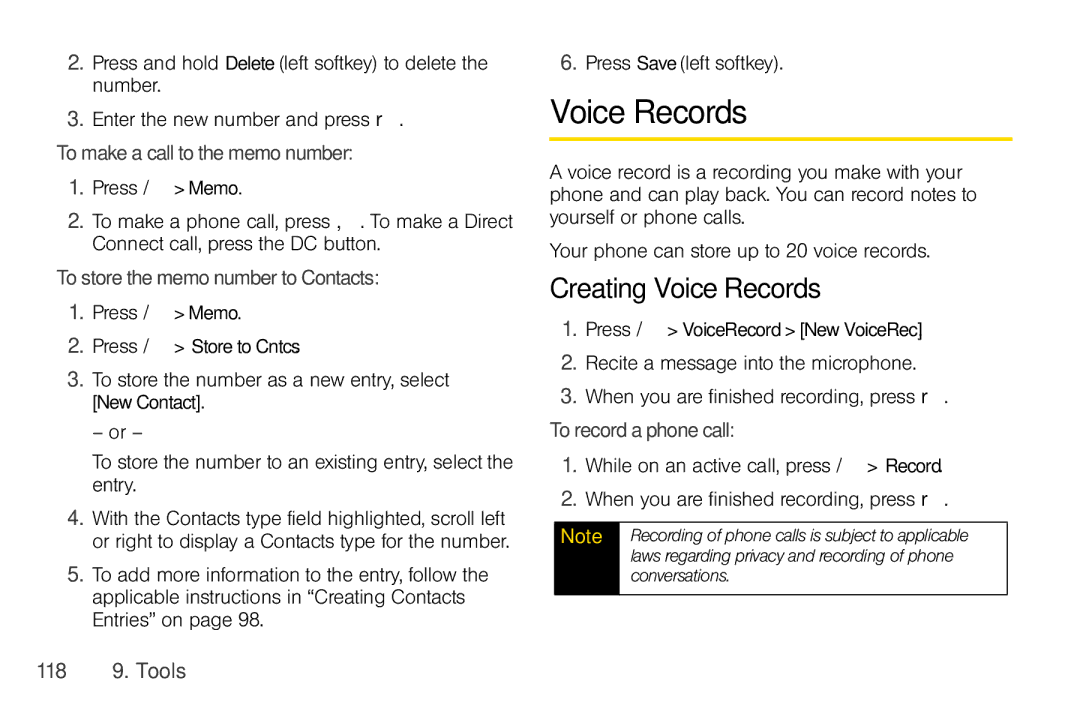 Nextel comm I465 manual Creating Voice Records, Tomakeacalltothememonumber, TostorethememonumbertoContacts 