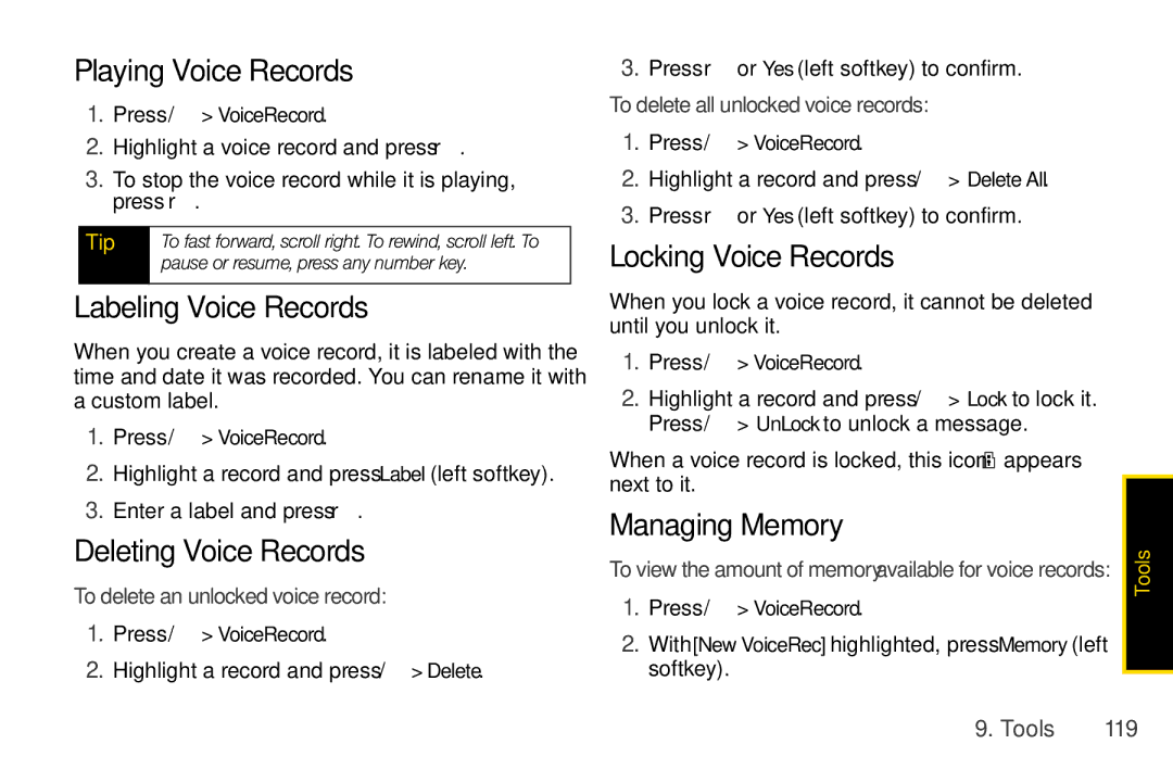 Nextel comm I465 manual Playing Voice Records, Labeling Voice Records, Deleting Voice Records, Locking Voice Records 