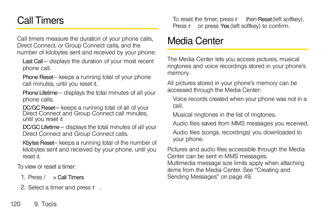 Nextel comm I465 manual Call Timers, Media Center, Tovieworresetatimer, Select a timer and press r, 120 
