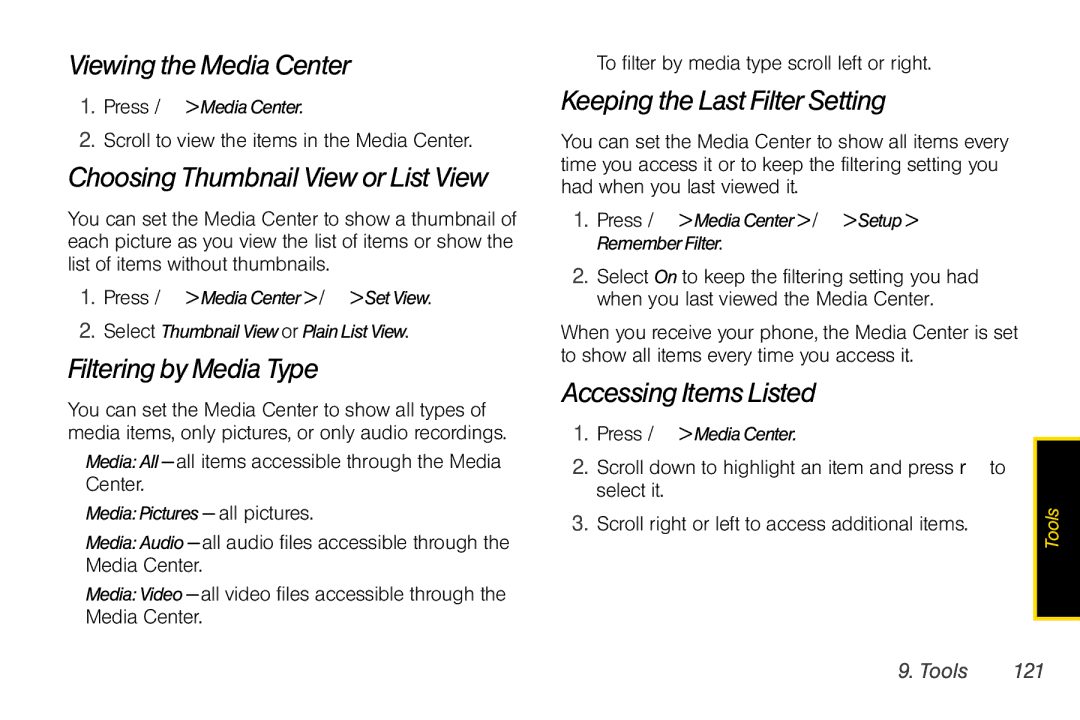 Nextel comm I465 manual Viewing the Media Center, Choosing Thumbnail View or List View, Filtering by Media Type 