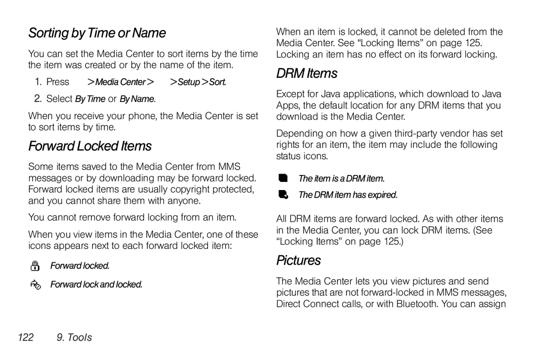 Nextel comm I465 manual Sorting by Time or Name, Forward Locked Items, DRM Items, Pictures, 122 