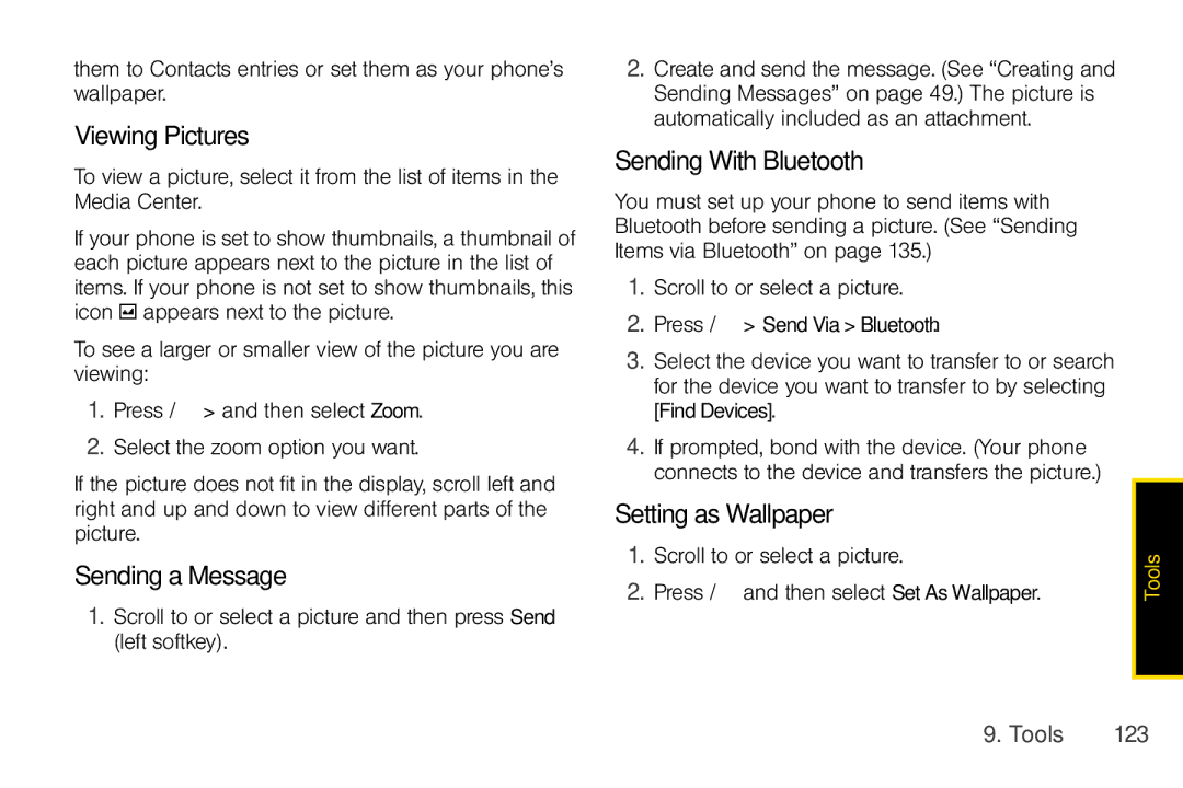 Nextel comm I465 manual Viewing Pictures, Sending a Message, Sending With Bluetooth, Setting as Wallpaper, Tools 123 