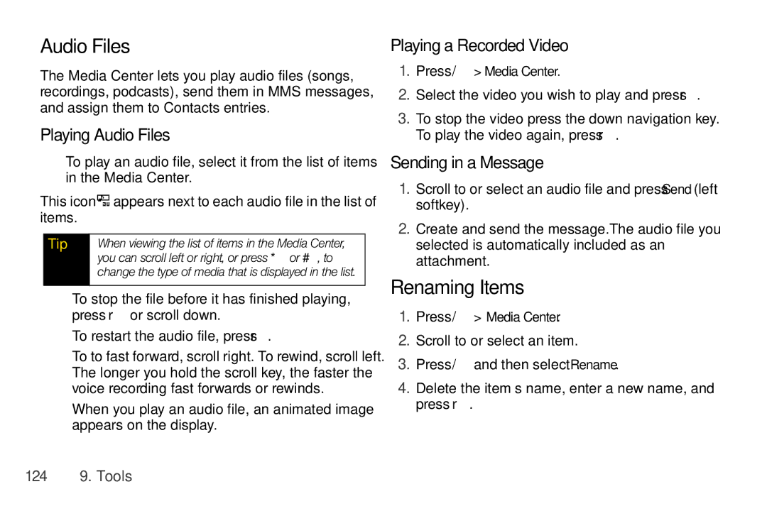 Nextel comm I465 manual Renaming Items, Playing Audio Files, Playing a Recorded Video, Sending in a Message 