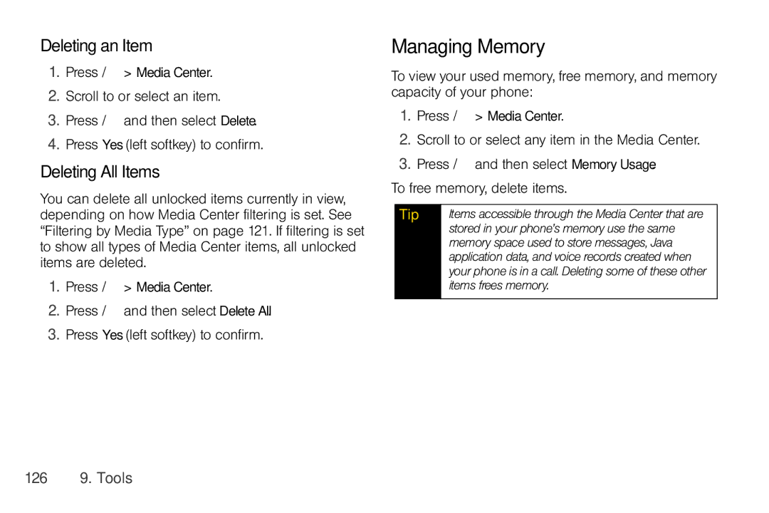 Nextel comm I465 manual Deleting an Item, Deleting All Items, 126 