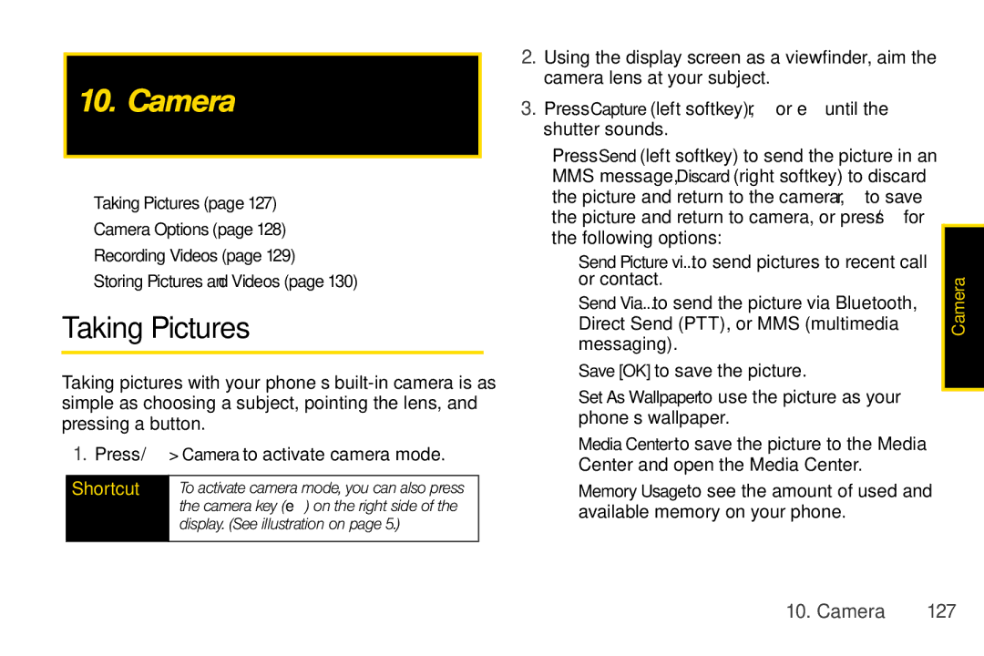 Nextel comm I465 manual Taking Pictures, Camera 127, Camera key e on the right side, Display. See illustration on 