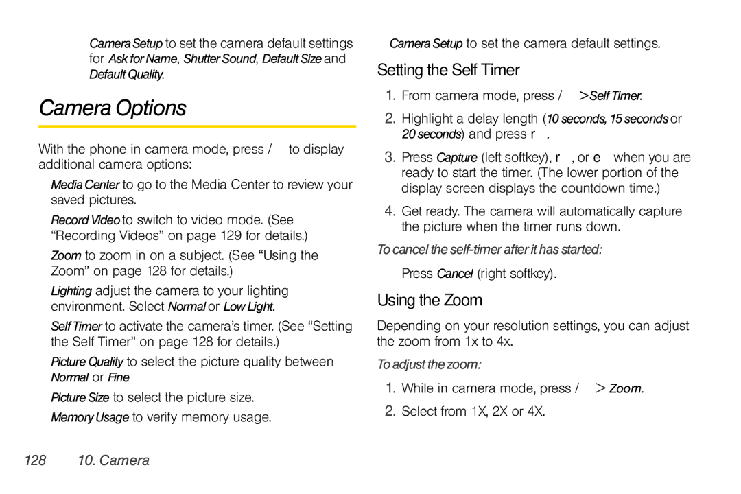 Nextel comm I465 manual Camera Options, Setting the Self Timer, Using the Zoom 