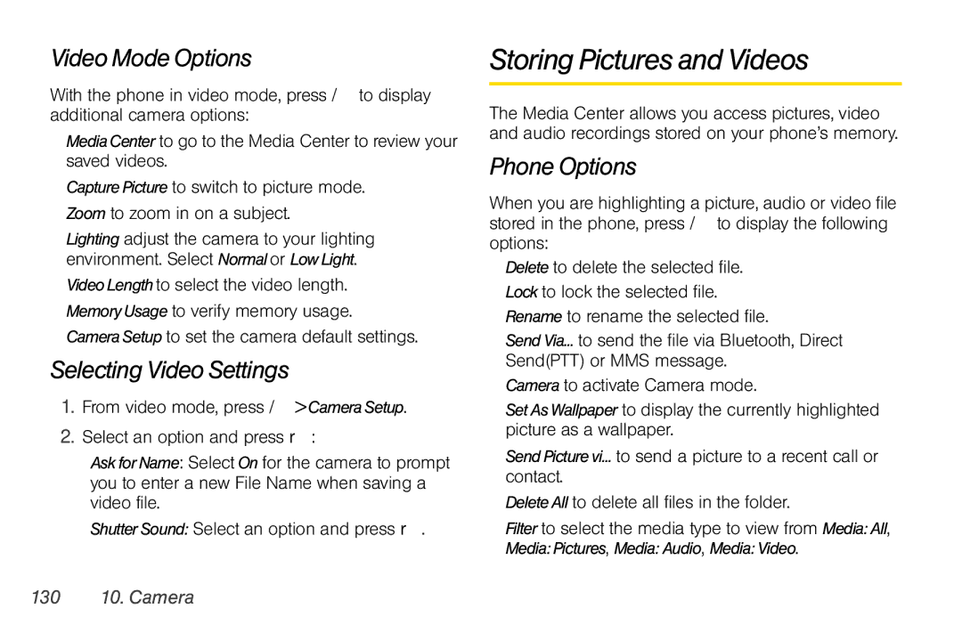 Nextel comm I465 Storing Pictures and Videos, Video Mode Options, Selecting Video Settings, Phone Options, 130 10. Camera 