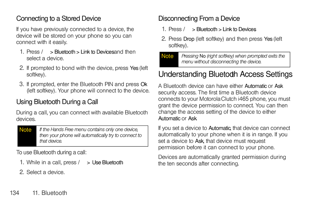 Nextel comm I465 Understanding Bluetooth Access Settings, Connecting to a Stored Device, Using Bluetooth During a Call 