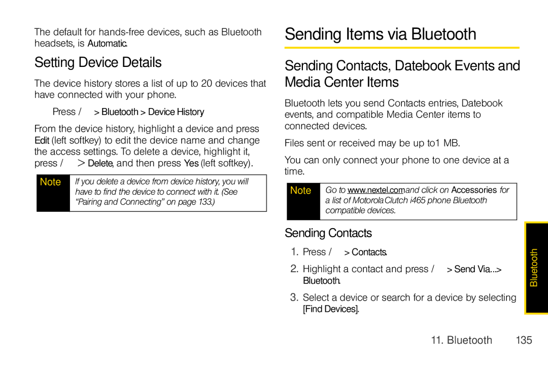 Nextel comm I465 manual Sending Items via Bluetooth, Setting Device Details, Highlight a contact and press / SendVia 