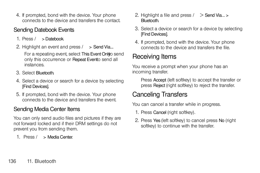 Nextel comm I465 manual Receiving Items, Canceling Transfers, Sending Datebook Events, Sending Media Center Items 