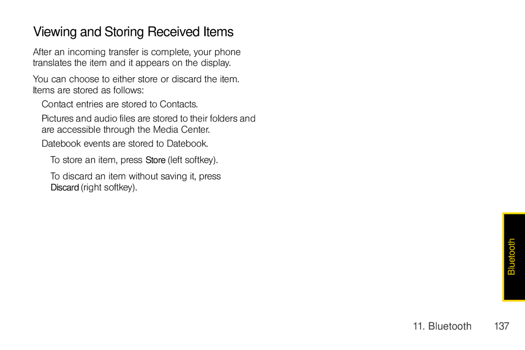 Nextel comm I465 manual Viewing and Storing Received Items, Bluetooth 137 