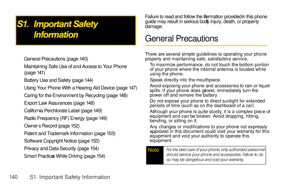 Nextel comm I465 manual General Precautions, 140 S1. Important Safety Information,  GeneralPrecautionspage140 