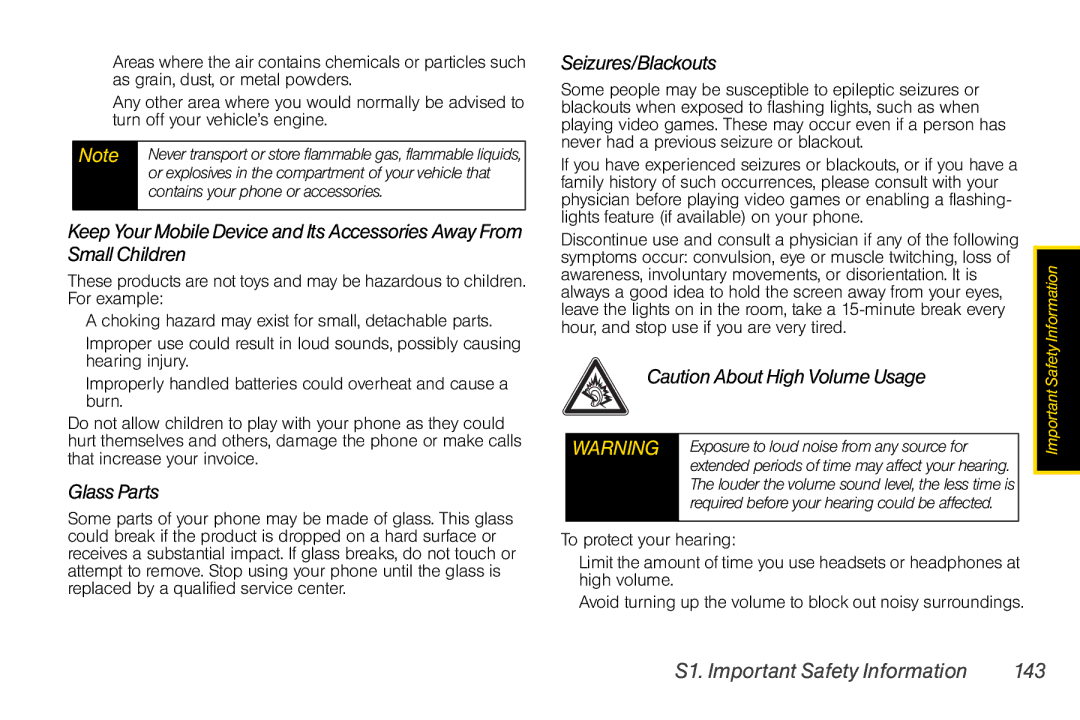 Nextel comm I465 Glass Parts, Seizures/Blackouts, S1. Important Safety Information 143, Contains your phone or accessories 