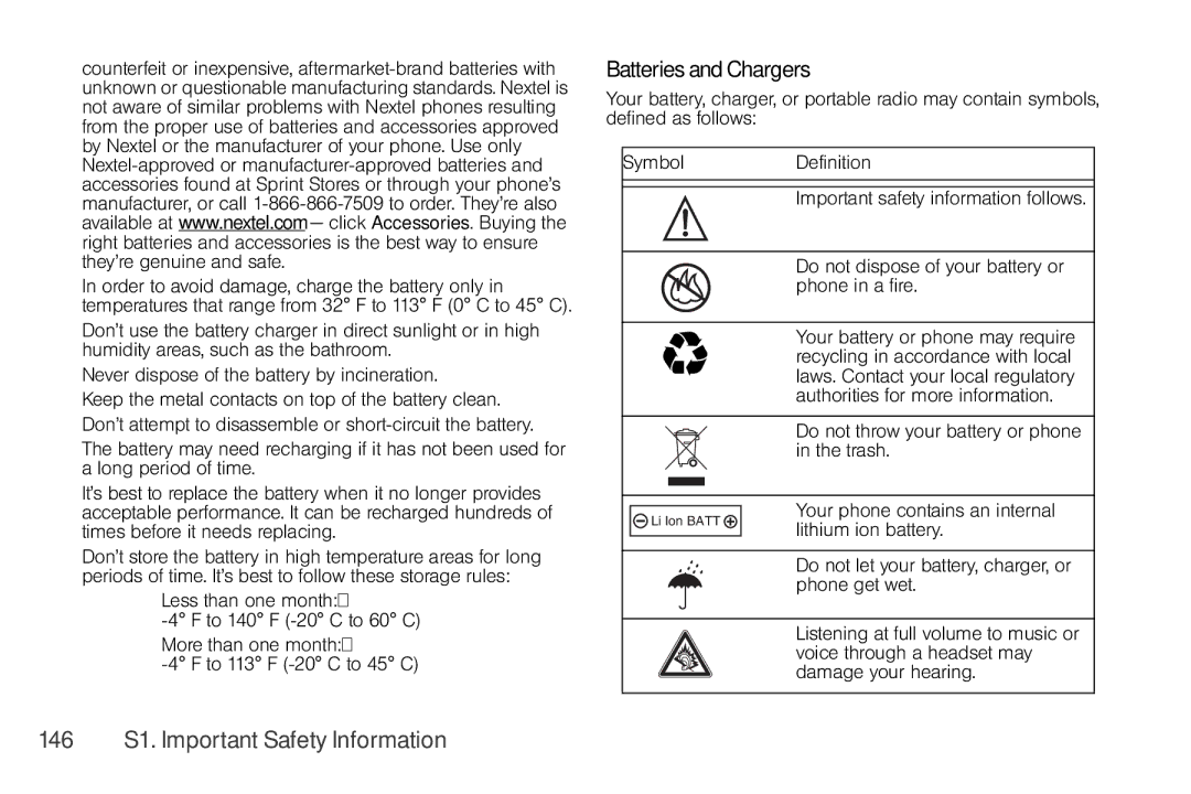 Nextel comm I465 manual Batteries and Chargers, 146 S1. Important Safety Information 