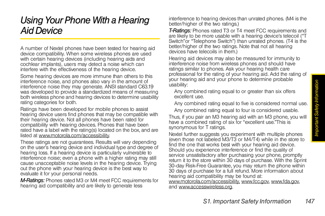 Nextel comm I465 manual Using Your Phone With a Hearing Aid Device, S1. Important Safety Information 147 