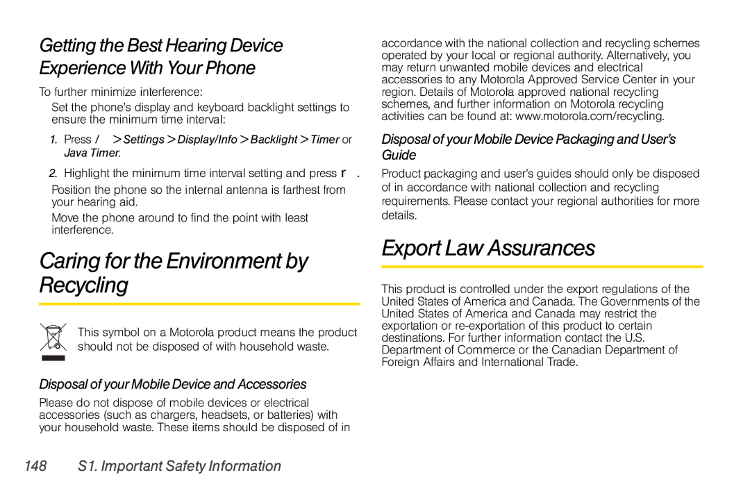 Nextel comm I465 Caring for the Environment by Recycling, Export Law Assurances, 148 S1. Important Safety Information 