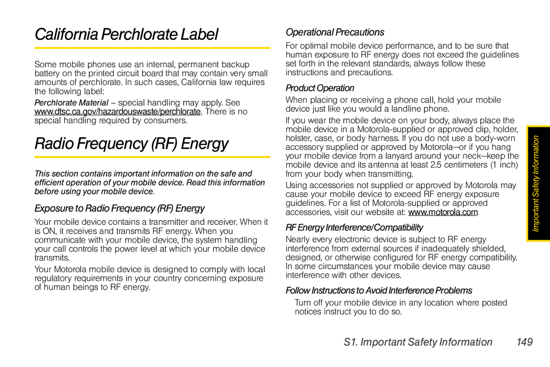 Nextel comm I465 manual California Perchlorate Label, Exposure to Radio Frequency RF Energy 