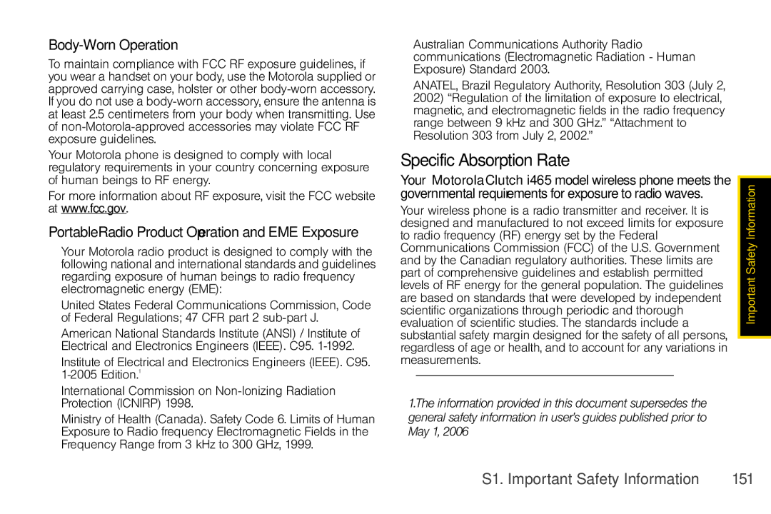 Nextel comm I465 manual Specific Absorption Rate, Body-Worn Operation, PortableRadio Product Operation and EME Exposure 