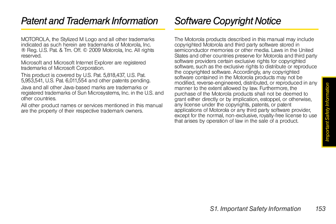 Nextel comm I465 manual Software Copyright Notice, S1. Important Safety Information 153 