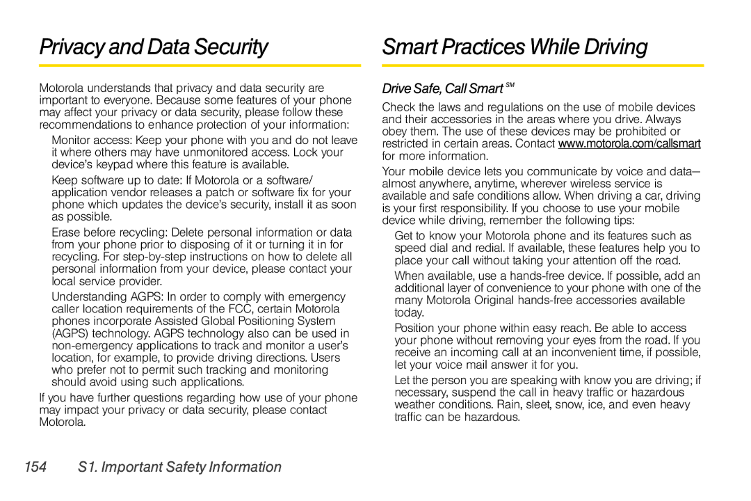 Nextel comm I465 manual Privacy and Data Security Smart Practices While Driving, Drive Safe, Call Smart SM 