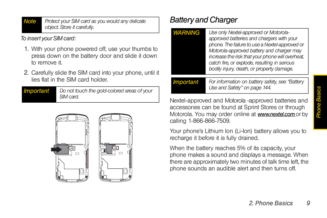 Nextel comm I465 manual Battery and Charger, ToinsertyourSIMcard 